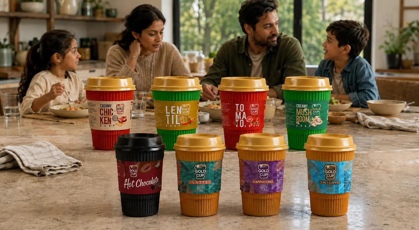 Friends sharing Gold Cup drinks and soups